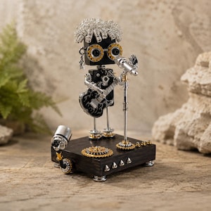 Steampunk Robot Musician Sculpture, Handmade Metal Band Figurine, Guitar Singer Desk Decor