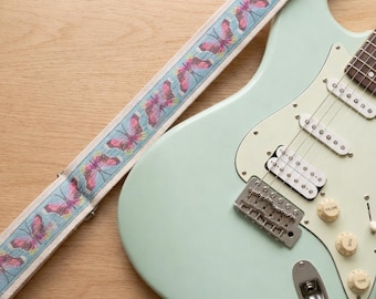 Correa de guitarra con mariposa bordada a mano, correa de cuero para ukelele, regalo para el Día de la Madre