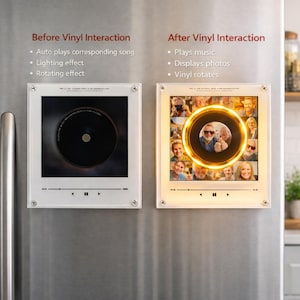 May include: Two white framed displays with a vinyl record theme are mounted on a stainless steel surface. The left display shows a black vinyl record. The right display shows a lit-up center with photos. Text reads "Before Vinyl Interaction" and "After Vinyl Interaction".