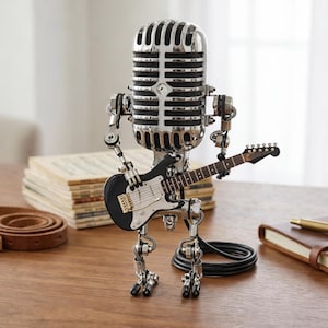 Puede incluir: Una figura de robot micrófono cromado tocando una guitarra eléctrica negra. El robot tiene articulaciones y una cabeza de micrófono. Un cable de guitarra negro está enrollado a sus pies. La figura está sobre una superficie de madera, con una pila de partituras y un cuaderno encuadernado en cuero en el fondo.