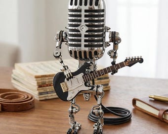 Lámpara de mesa con forma de robot micrófono, luz nocturna retro de metal, decoración de escritorio para guitarristas.