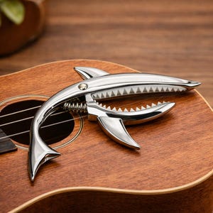 May include: A silver-colored guitar capo in the shape of a shark, resting on a wooden ukulele. The capo has a spring mechanism and a row of teeth-like indentations. The shark design includes fins and a tail.