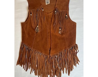 Colete vintage HB em camurça marrom com franjas, estilo boho western, tamanho grande (EUA).