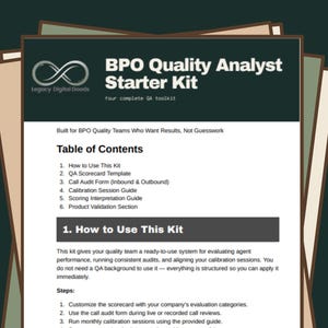 May include: A BPO Quality Analyst Starter Kit with a white and black cover. The kit includes a table of contents, a QA Scorecard Template, and a guide on how to use the kit. The kit is designed for BPO quality teams.