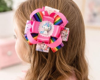 Unicorn Hair Bow for Girls – Handmade Rainbow Stacked Bow with Sparkly Unicorn Charm – Birthday, Party, Dress Up Accessory
