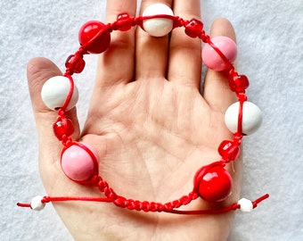 Valentine’s Gift Red Bracelet, Mother’s Day Gift, Large Bead Bracelet, Red and White Large Bead Anklet, Children Bracelet, Little Girl Gift