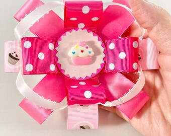 Pink Cupcake Hair Bow, Pink Cupcake Hairbow, Pink Bow for Little Girl, Cupcake Bow, Cupcake Hair Clip, Gift for Little Girl
