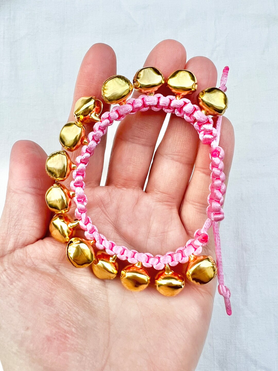 Pink Bell Bracelet, Adjustable Pink Bell Bracelet, Pink Braided