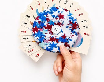 Patriotic Playing Card Holder for Arthritis, Handmade Card Fan for Seniors & Kids, Red White Blue Card Holder, Americana Game Night Gift