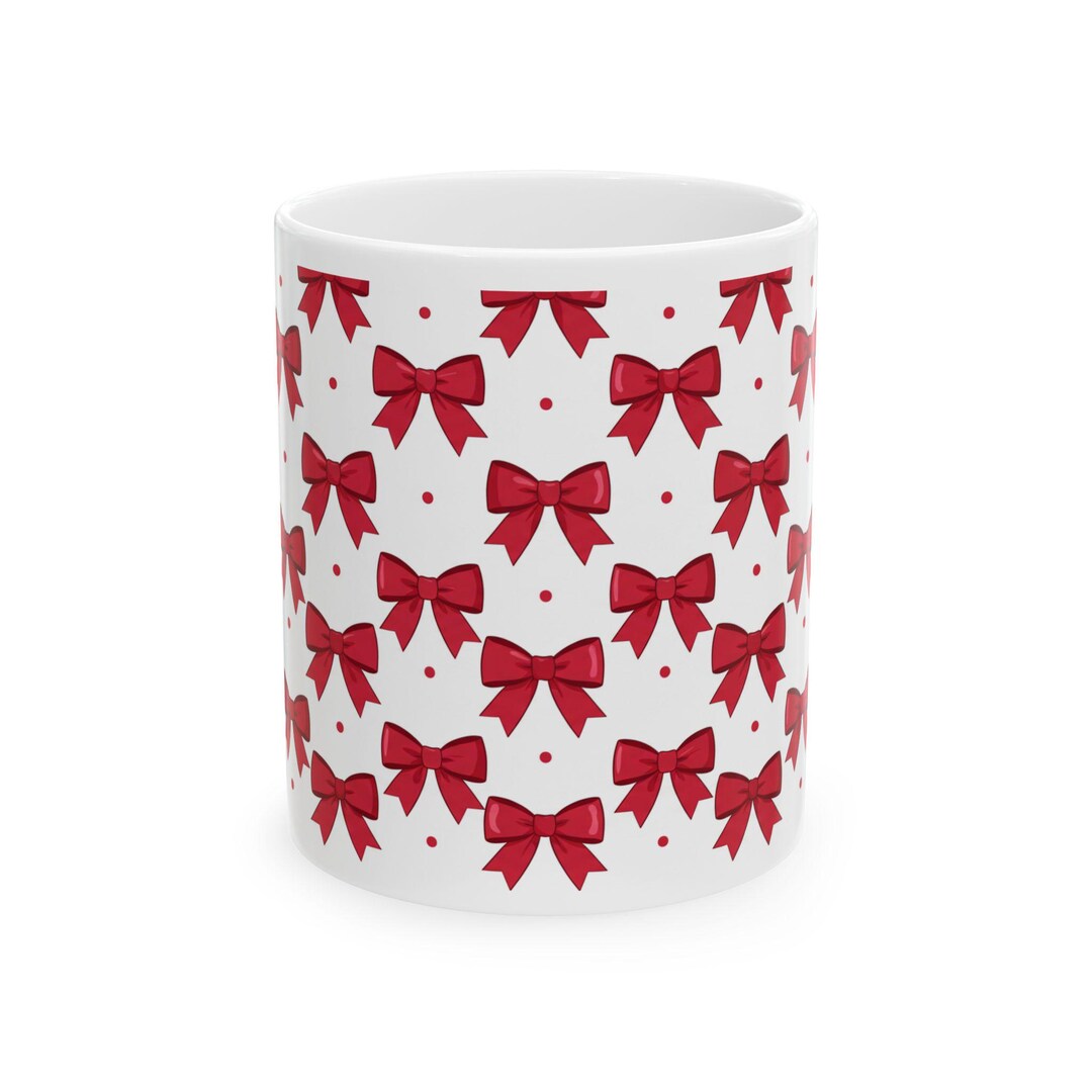 Red Bow Pattern Mug | Ceramic Coffee Cup, Holiday Ribbon Design - Etsy