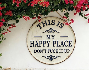 Metallskylt "Welcome to My Happy Place", rund plakett med vintagemotiv, 2D-platta