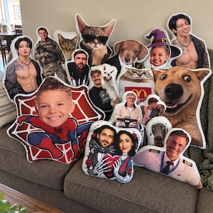 Pu&ograve; includere: Una collezione di cuscini decorativi dalle forme personalizzate con varie immagini stampate, inclusi ritratti di persone, animali domestici, una persona vestita da Spider-Man, un pilota e una coppia in un'illustrazione stilizzata con un cuore rosso.
