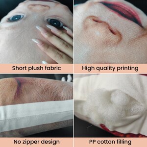 Pu&ograve; includere: Un cuscino in peluche con una stampa fotografica realistica ad alta risoluzione del viso di un bambino. Il tessuto morbido a pelo corto mostra tratti del viso dettagliati, inclusi occhi azzurri e un naso. Il cuscino &egrave; imbottito di cotone PP bianco.