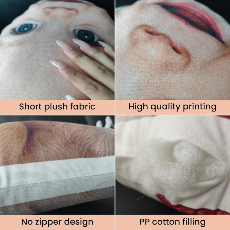 Pu&ograve; includere: Un cuscino in peluche con una stampa fotografica realistica ad alta risoluzione del viso di un bambino. Il tessuto morbido a pelo corto mostra tratti del viso dettagliati, inclusi occhi azzurri e un naso. Il cuscino &egrave; imbottito di cotone PP bianco.