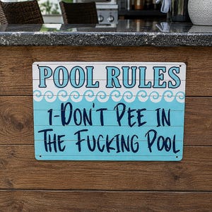 Rolig poolregler plåtskylt, kissa inte i poolen, dekoration för uteplatsen på bakgården, gåva