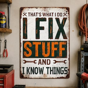May include: A rectangular metal sign with a distressed white background and rust-coloured edges. The text reads: THAT'S WHAT I DO I FIX STUFF AND I KNOW THINGS. The words FIX and STUFF are in large, bold, dark green and orange block letters.