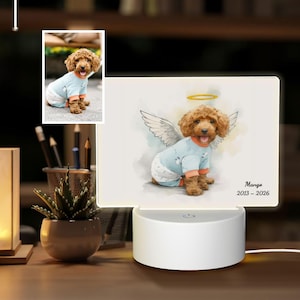 May include: A white LED night light with a watercolor illustration of a dog with angel wings and a halo. The dog is wearing a blue outfit with orange trim. The night light has the name "Mango" and the years "2013-2026" printed on it.