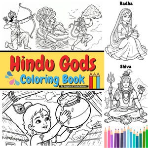 Può includere: Un libro da colorare in bianco e nero intitolato "Hindu Gods Coloring Book" con illustrazioni di divinità indù. La copertina presenta il titolo in rosso e blu, con uno sfondo giallo. Il libro include immagini di Radha, Shiva e altre figure.