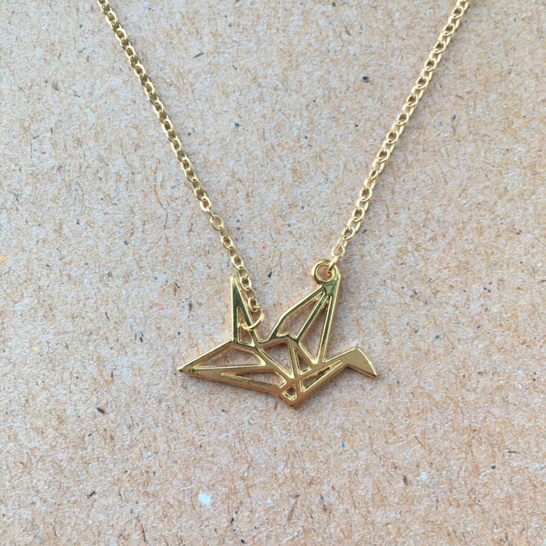 Origami necklace geometric crane bird gold