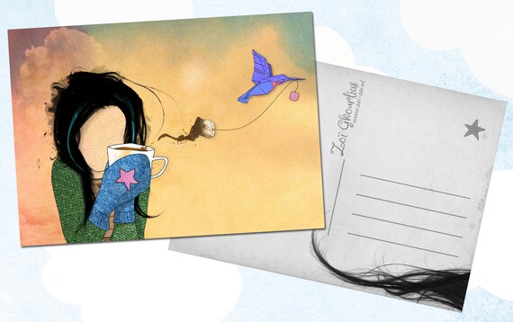 Illustrated postcard pirate origami parrot skull illustration a6