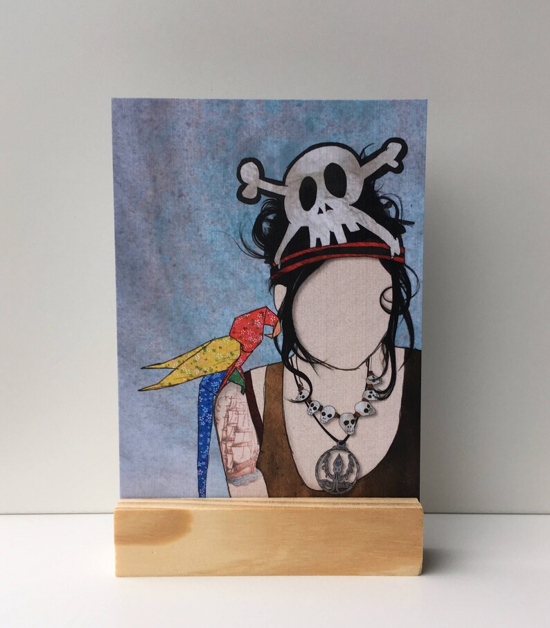 Illustrated postcard pirate origami parrot skull illustration a6