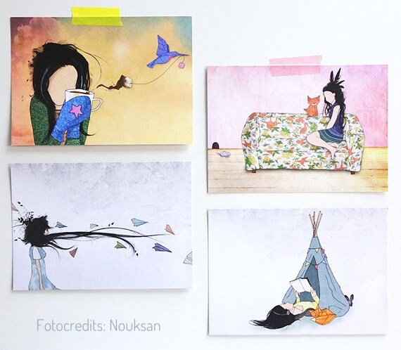 Illustrated postcard pirate origami parrot skull illustration a6
