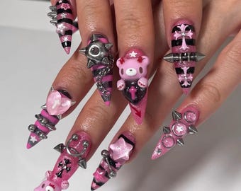 Uñas postizas Pink Goth Bear, set Y2K Spiked Kawaii Harajuku Bling