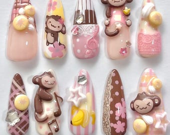 Uñas postizas hechas a mano con diseño de mono y plátano / Set de animales Kawaii 3D Harajuku