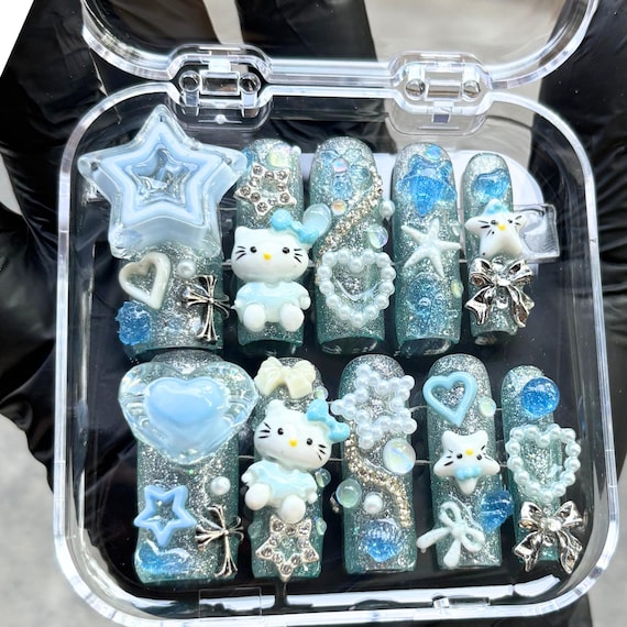 Kawaii Glitter Press On Nails, Blue Sparkly Nails, 3D Charms Nails, Hello Kitty Inspired, Star Heart Nails