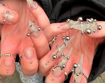 Uñas de aguja estilo Cyber Goth / Piercing plateado cromado 3D Punk Y2K
