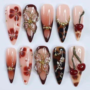 Brown Tortoise Press On Nails with Flowers & Cherry Charms – Long Almond Floral Nails