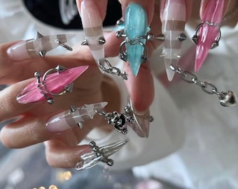 Y2K Claw Press On Nails | Pink Blue Chrome Chain Piercing Stiletto Set