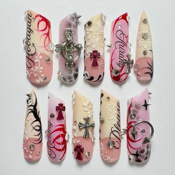 Pink Y2K Press On Nails, Coquette Gothic Nails, Cross Charm Nails, 3D Gel French Tips, Luxury Bling Fake Nails, Handmade Custom Nail Set