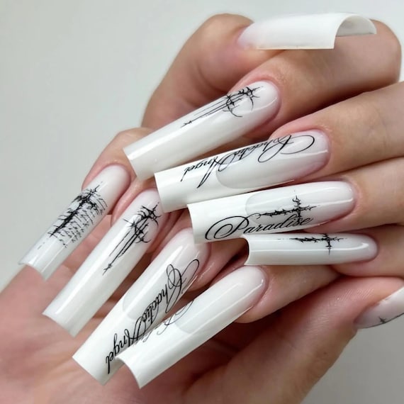 White Script Barbed Wire Long Coffin Press On Nails, Gothic Tattoo Style Glossy Finish