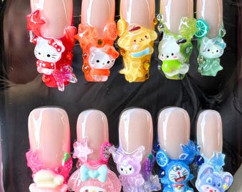 Set de uñas postizas 3D Kawaii, uñas de personajes de Sanrio, uñas de Hello Kitty, uñas postizas de anime lindas, uñas de My Melody, Kuromi y Doraemon