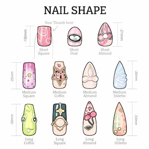 Puede incluir: Una tabla de formas de u&ntilde;as titulada NAIL SHAPE que muestra once dise&ntilde;os de u&ntilde;as ilustrados categorizados por longitud: corto, mediano y largo. Cada u&ntilde;a presenta patrones, colores y adornos &uacute;nicos con longitudes indicadas en mil&iacute;metros.
