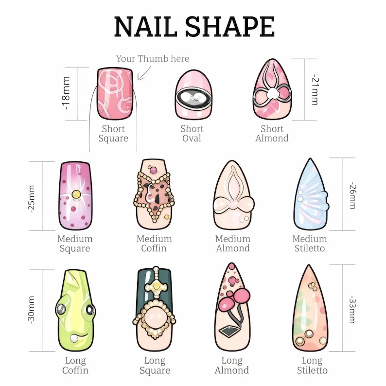 Puede incluir: Una tabla de formas de u&ntilde;as titulada NAIL SHAPE que muestra once dise&ntilde;os de u&ntilde;as ilustrados categorizados por longitud: corto, mediano y largo. Cada u&ntilde;a presenta patrones, colores y adornos &uacute;nicos con longitudes indicadas en mil&iacute;metros.