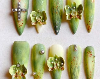 Uñas postizas 3D Orquídea / Set de lujo de stiletto con degradado verde