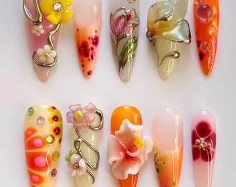 Uñas postizas 3D con degradado floral en gelatina / Arte floral cromado en naranja y rosa