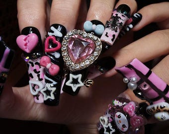 Uñas postizas Y2K / Cebra rosa y negra, dijes 3D
