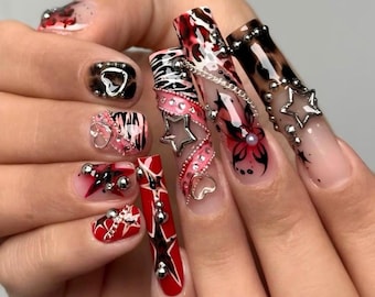 Red Gothic Y2K Press-On Nails, Chrome 3D Charm Coffin Set, Animal Print Rhinestones Studded (Handmade)