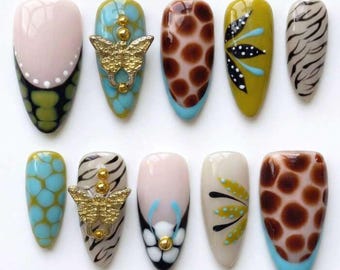 Press On Nails, Y2K Animal Print, Giraffe Zebra, 3D Butterfly Charm