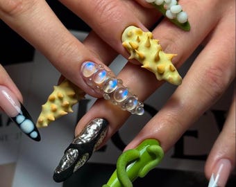 3D Alien Press On Nails | Zielony szlam, awangardowa sztuka zdobienia paznokci
