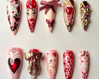 Uñas postizas de San Valentín, lazo de corazón 3D, conejito Kawaii floral rojo y rosa, diamantes de imitación de lujo