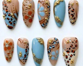 Luxury Leopard Press On Nails Blue Nude Gold | Almond Shape 3D Charm Nails | Animal Print Statement Nails | Reusable Glue On Nails
