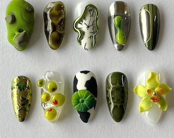 Uñas postizas 3D abstractas verdes / Set de uñas con arte surrealista / Uñas con efecto de inspiración natural