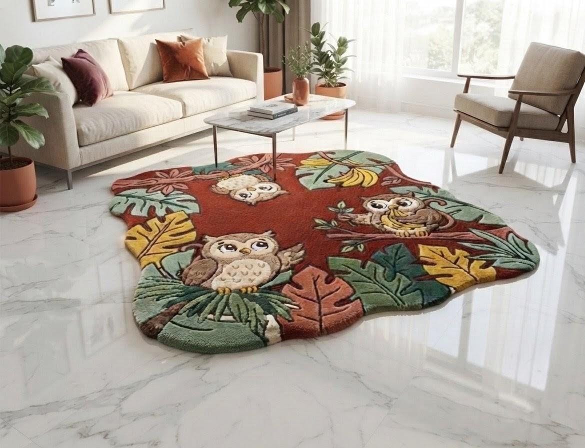Hand-Tufted Owl Jungle Rug, Colorful Boho Nature Carpet, Kids Room Decor
