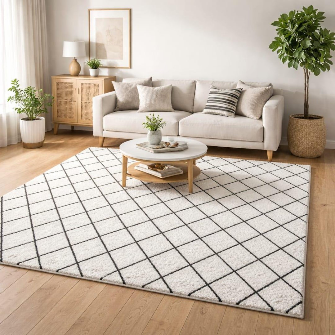 Modern Minimalist Hand Tufted Rug – Cream & Black Geometric Grid ...