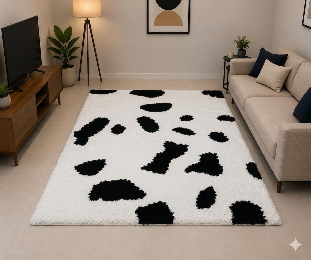 Hand Tufted Wool Cow Print Rug, Plush Shaggy Carpet, Modern Living Room ...