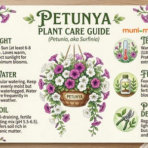May include: A Petunia plant care guide with illustrations and text. The guide includes information on light, water, soil, temperature, fertilizer, and pruning. A hanging basket of purple and white petunias is in the center.